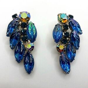 VTG Aurora AB Crystal Floral Blue Carved Leaf Clip On Earrings - 1.8”